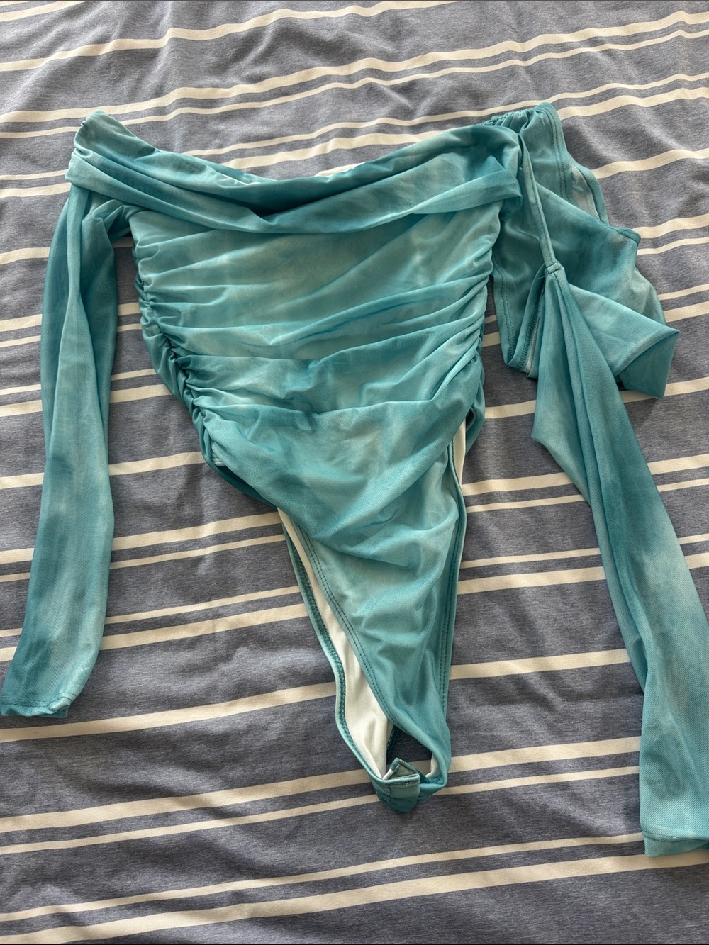 SHEIN Turquoise Sheer Ruched Long-Sleeve Bodysuit